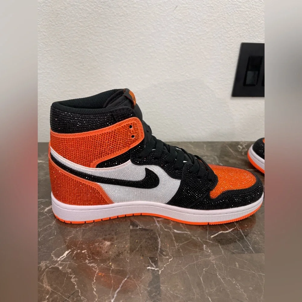 Custom Black, Orange & White Rhinstone Nike Air Jordan Sneakers, Men's 8/ Womens
